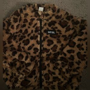 SHEIN Brown Leopard Print Fleece Jacket